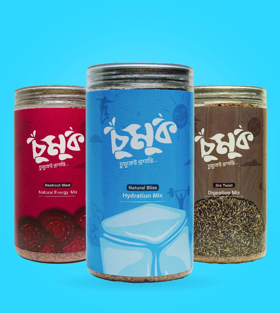 Three Chumuk jars — Beetroot Blast, Natural Bliss and Jira Twist — grouped on a cyan ground
