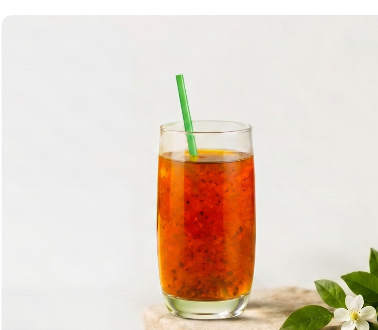 A tall glass of prepared Chumuk on a stone plinth, with orange-blossom foliage beside it