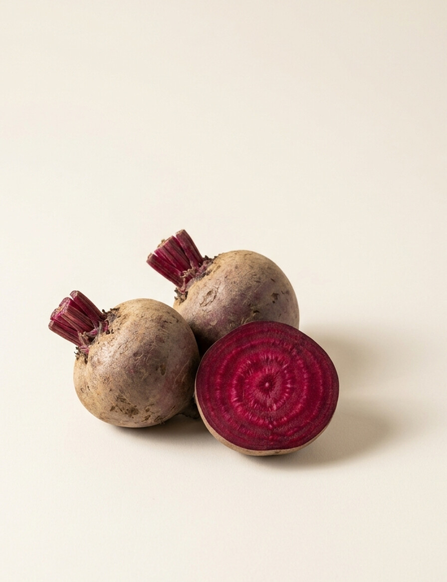 Three whole beetroots with one cut in half, showing its concentric deep-pink rings.