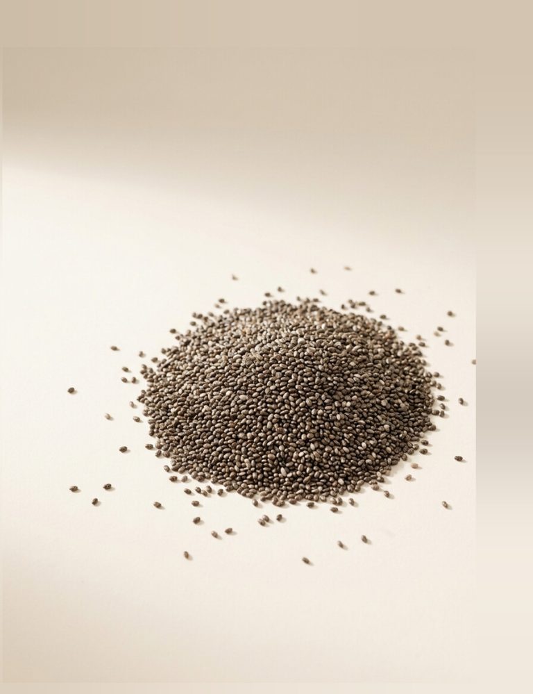 A scattered mound of small mottled grey-brown chia seeds.