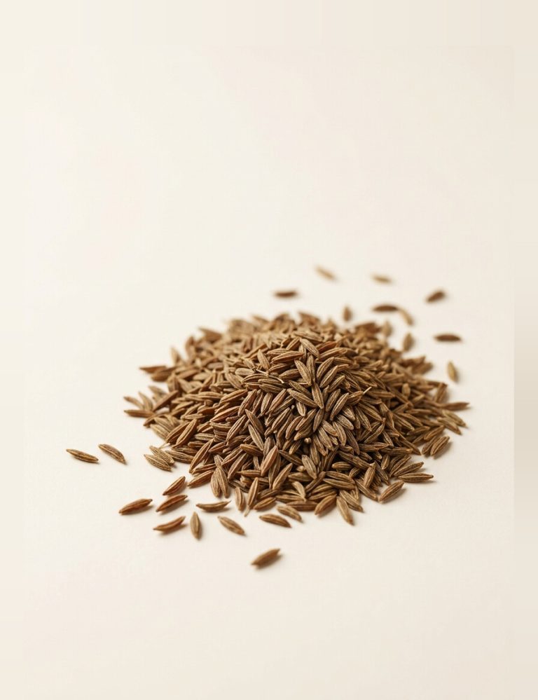 A scattered heap of slender ridged brown cumin seeds.