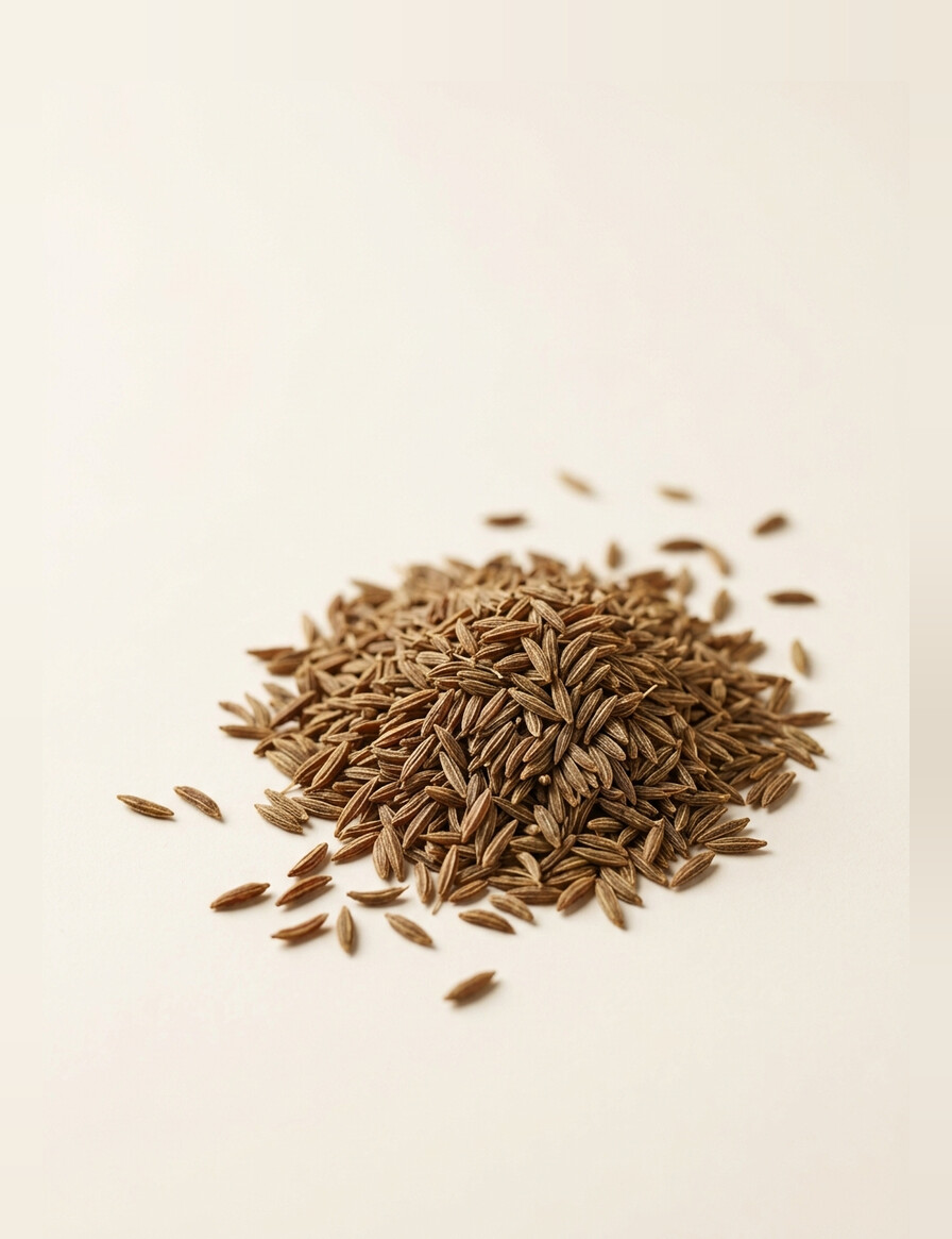 A scattered heap of slender ridged brown cumin seeds.