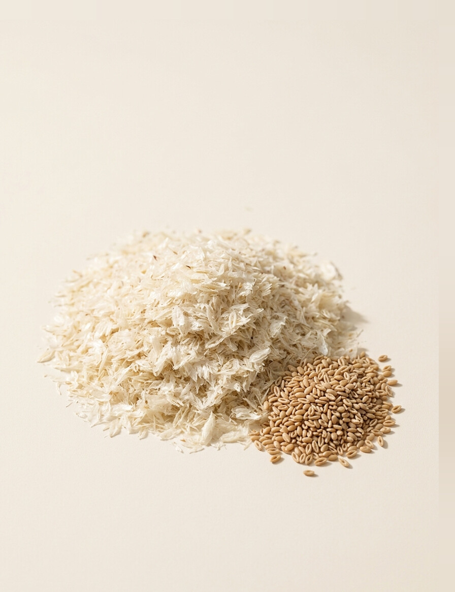 A pile of pale flaky psyllium husk beside a smaller heap of whole tan isabgul seeds.