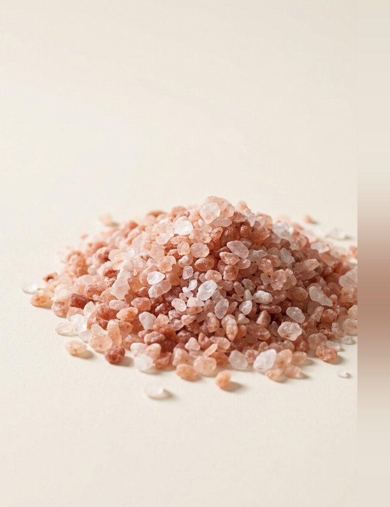 A heap of coarse pink and white Himalayan salt crystals.