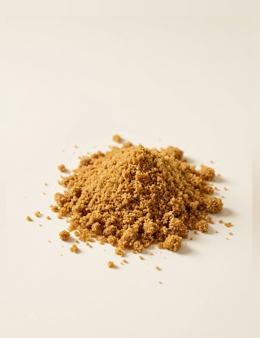 A heap of coarse golden-brown unrefined sugarcane powder.